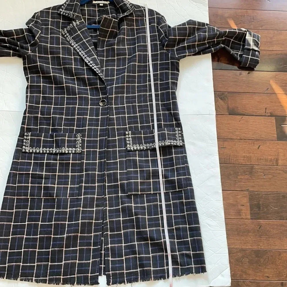 Gimmicks by BKE plaid embellished long jacket Blazer Navy Women’s size S - Picture 9 of 12